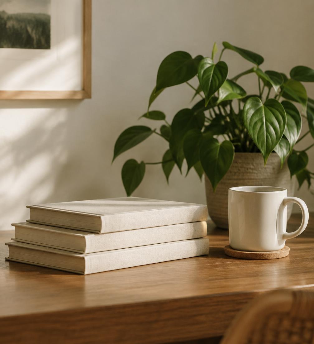 Cream books and a mug on a warm wooden desk beside a plant